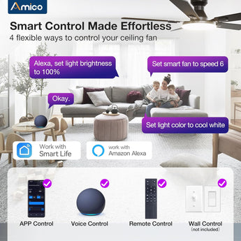 Amico 52'' Smart RGB Ceiling Fan with Light, Flush Mount, Reversible DC Motor, 3CCT Dimmable Light, 6 Speeds, Remote/APP/Alexa Control, Noiseless for Bedroom Living Room, Black - 9