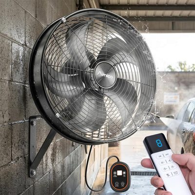 Amico Indoor/Outdoor Wall Mount Fan with Remote, Industrial Waterproof Oscillating Wall Mounted Fan, DC Motor 8 Speeds High Velocity for Garage, Patio, Gym, Warehouse - 1