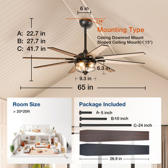 Ceiling Fan with Light – 65", 8 - Blade, Reversible DC Motor, 3CCT, Dimmable - 8