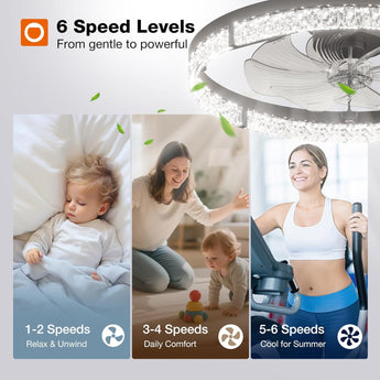 24" Low Profile Fandelier Ceiling Fan with Light & Remote, Crystal Design, 3 - CCT Dimmable, Flush Mount Bladeless Fan - 10