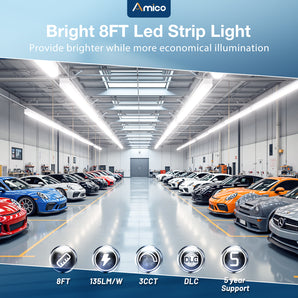 Amico 4 Pack 8FT LED Strip Lights with 3500K/4000K/5000K 3CCT Selectable, 90W/75W/64W Adjustable, 0-10V Dimmable LED Linear Strip Shop Lighting Fixture for Garage Workshop, ETL/DLC Certified