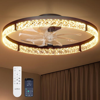 24" Low Profile Fandelier Ceiling Fan with Light & Remote, Crystal Design, 3 - CCT Dimmable, Flush Mount Bladeless Fan - 1