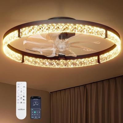 24" Low Profile Fandelier Ceiling Fan with Light & Remote, Crystal Design, 3-CCT Dimmable, Flush Mount Bladeless Fan