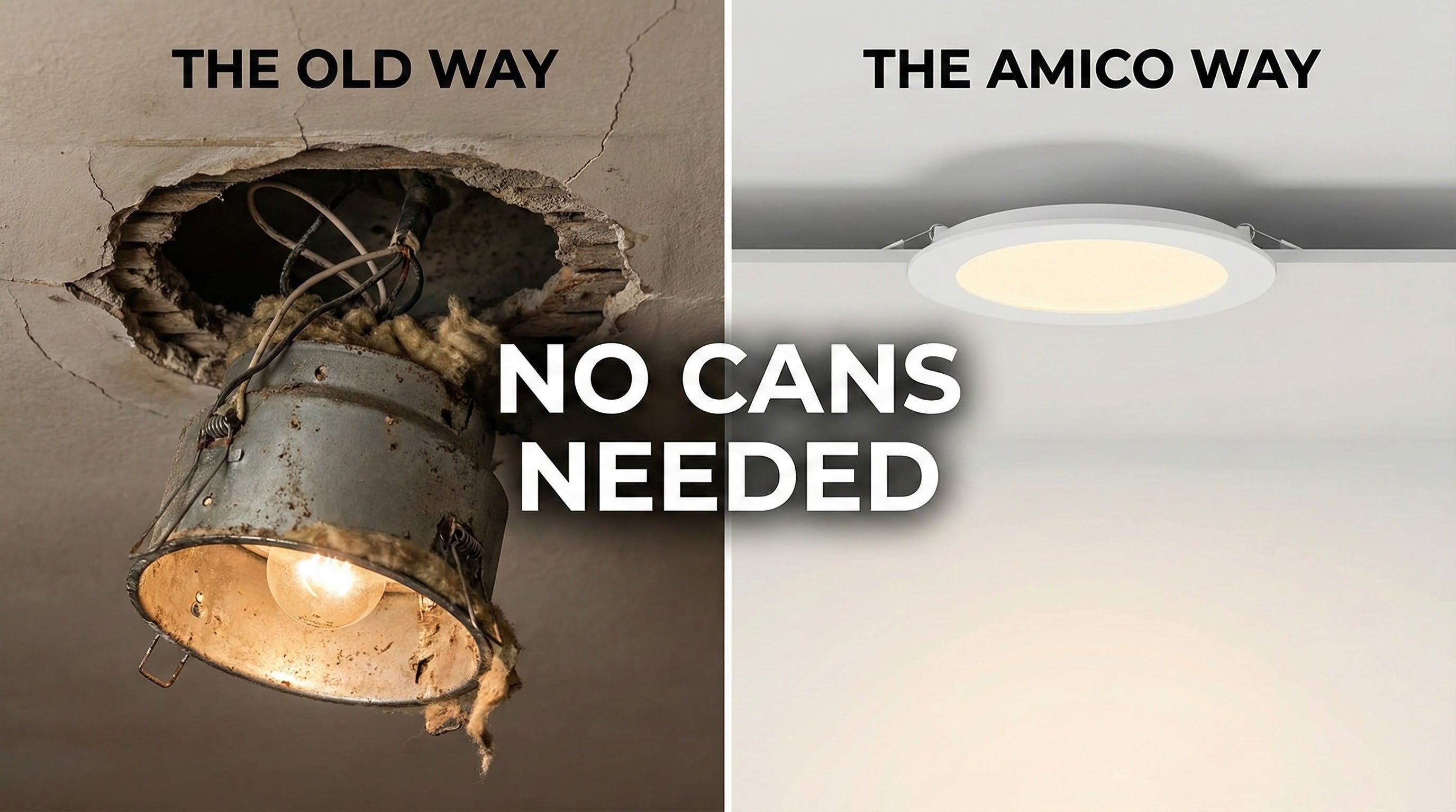 Comparison of bulky traditional recessed can light installation versus sleek Amico canless LED wafer light in a low clearance ceiling.
