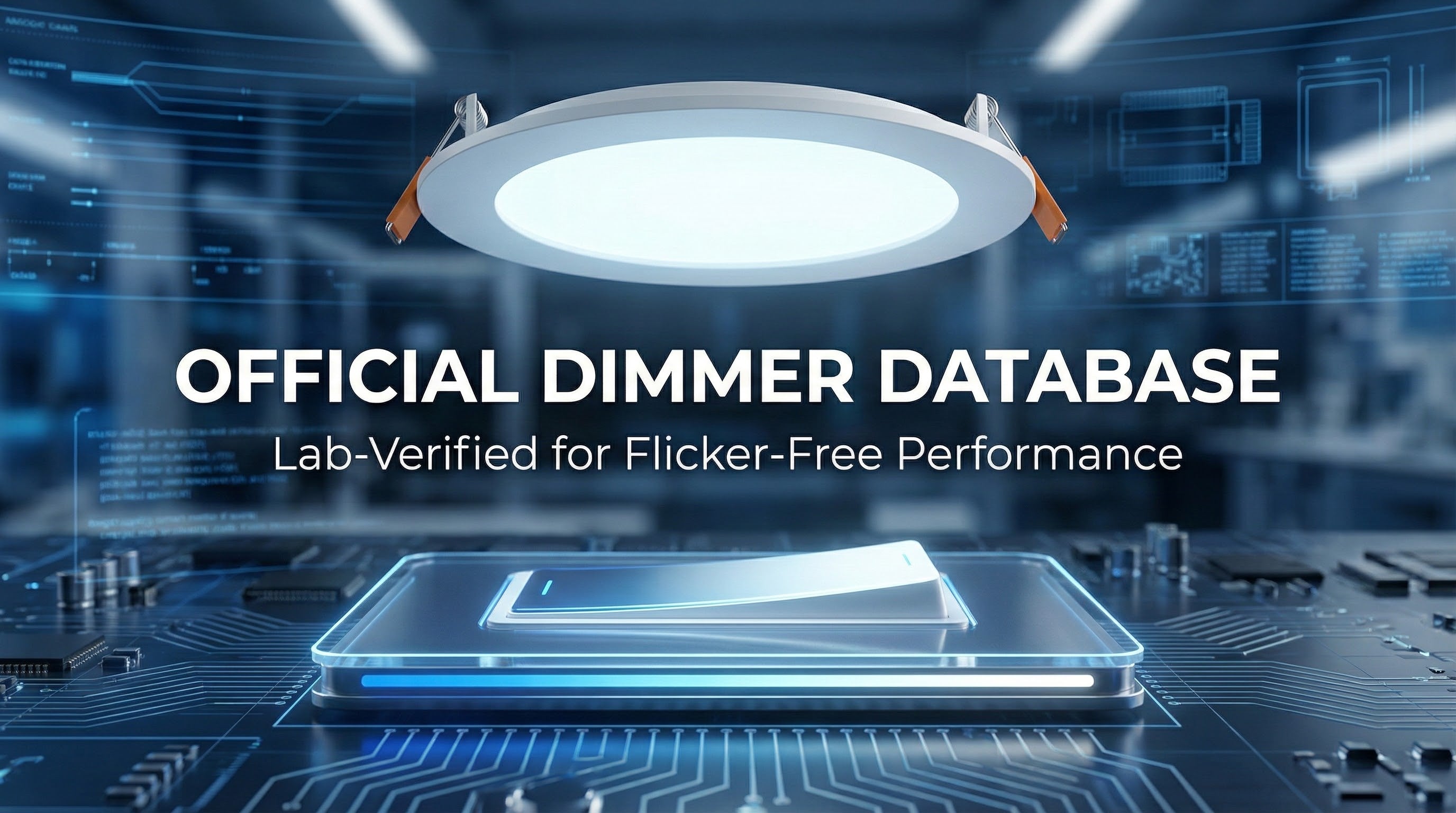 Official Amico Lighting Dimmer Compatibility Database header image showing lab-tested LED wafer lights.