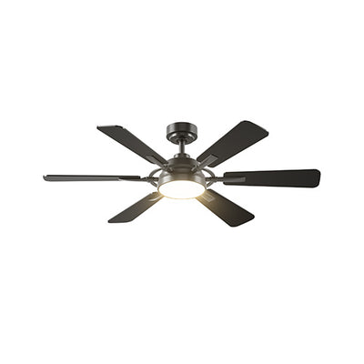 Ceiling fan with black blades on a white background