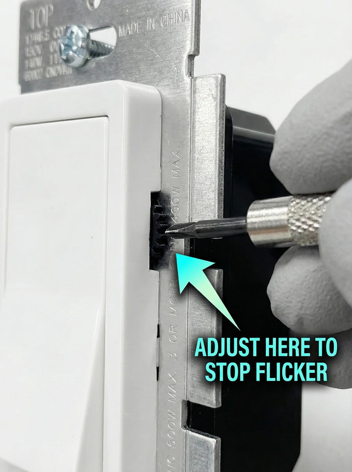 Close up guide showing how to adjust the low-end trim dial on a Amico dimmer switch to fix LED flickering issues.