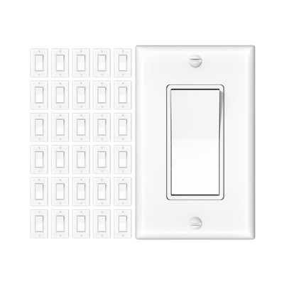 15A Single Pole & 3-Way Rocker Light Switch with Wall Plate & Screws - White