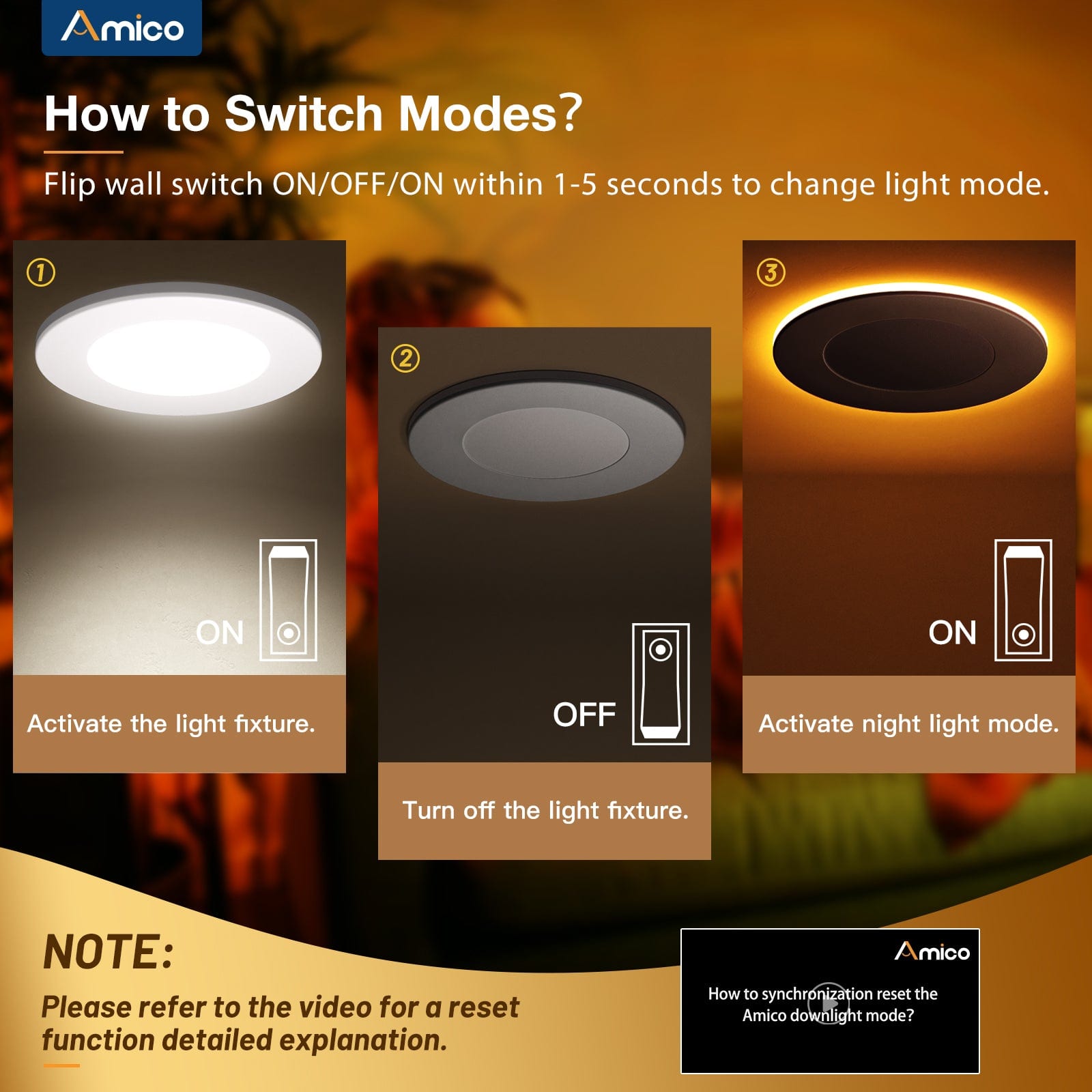 How to Switch Modes? Flip wall switch ON/OFF/ON within 1-5 seconds to change light mode.
