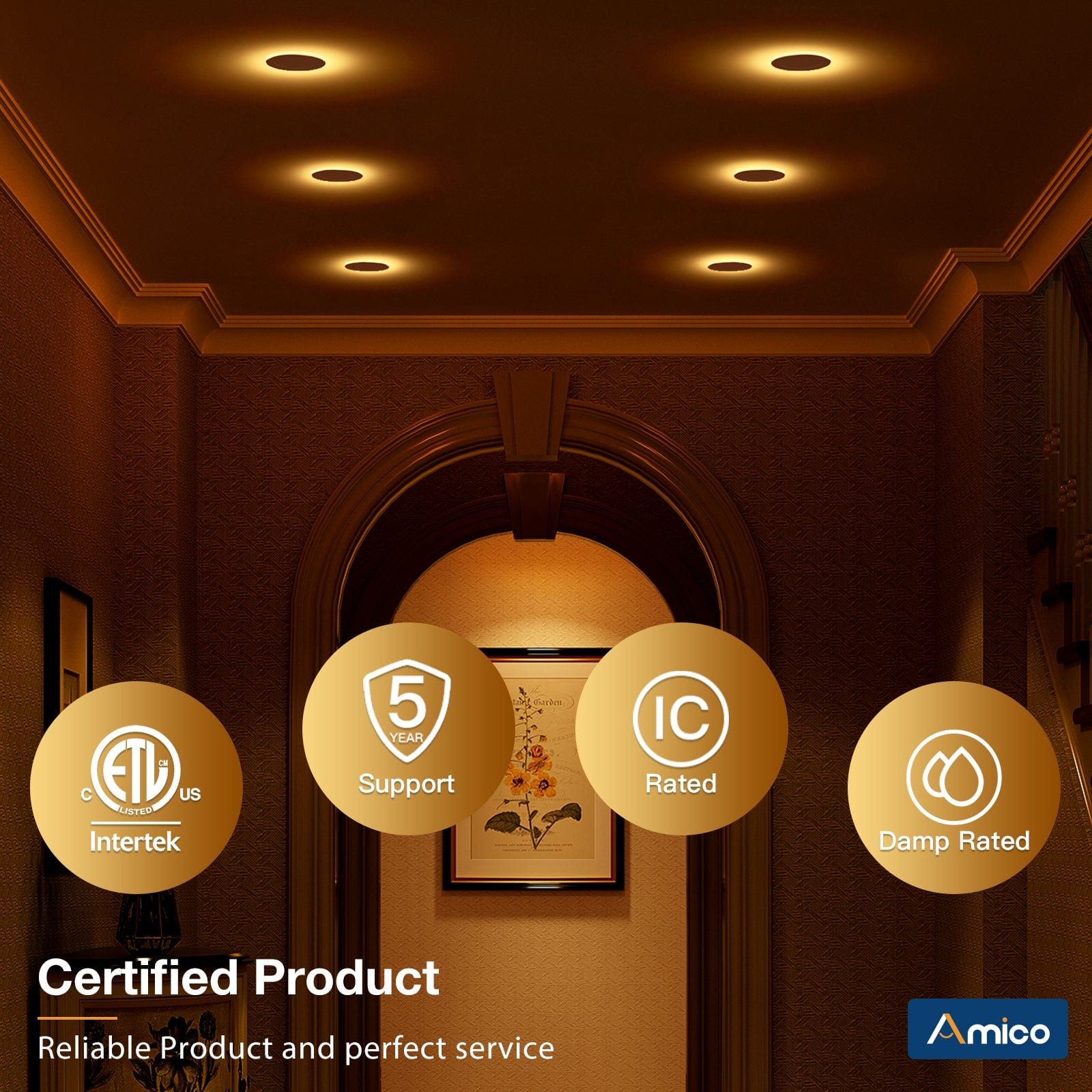 Certified recessed lighting solutions-ETL Intertek, 5 Years Support, IC Rated, Damp Rated.