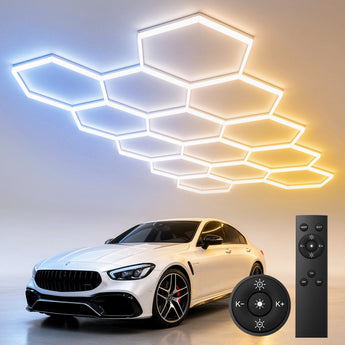 Hexagon Garage Lights Dimmable, 10-100% Stepless Dimming, 3500K-6500K Adjustable, Honeycomb LED Ceiling Lights with Remote & Timer for Garage, Workshop, Car Detailing-11