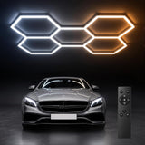 Hexagon Garage Lights Dimmable, 5 Hex Grid 192W 21000LM, 10-100% Stepless Dimming, 3500K-6500K Adjustable, Honeycomb LED Ceiling Lights with Remote & Timer for Garage, Workshop, Car Detailing-1