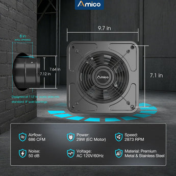 Kitchen Exhaust Fan with Remote, 686 CFM High Airflow EC Motor Ventilation Fan, 9 - Speed Adjustable, 29W Energy Efficient, Timer, Low Noise 50dB, Black for Kitchen, Garage, Attic & Greenhouse, FCC Certified - 6