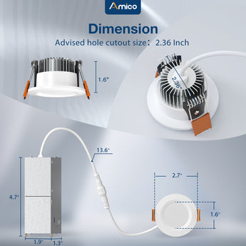 Amico 6 Pack 2 Inch 5CCT Ultra - Thin LED Canless Recessed Ceiling Light with Junction Box, 2700K/3000K/3500K/4000K/5000K Selectable, CRI90+, 6W=40W, 350LM, Dimmable Canless Wafer Downlight - ETL&FCC - 6