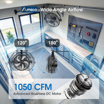 Wall Mount Fan 9 - Speed High Velocity , 1050 CFM Brushless DC Metal Fan with Remote, Industrial Fan for Garage Warehouse Patio Outdoor - 7