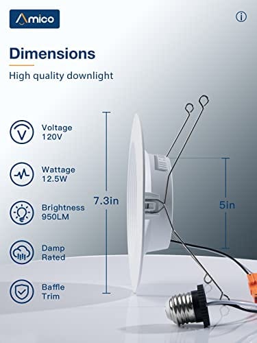 Dimensions And Specification of This Can Lights: 120V, 12.5W, 950LM, Damp Rated, Baffle Trim.