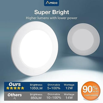 12/20 Pack 5/6 Inch Plastic Flat Panel Led Retrofit Can Lights, 5CCT 2700K/3000K/4000K/5000K/6000K,12W, 1050LM - 5
